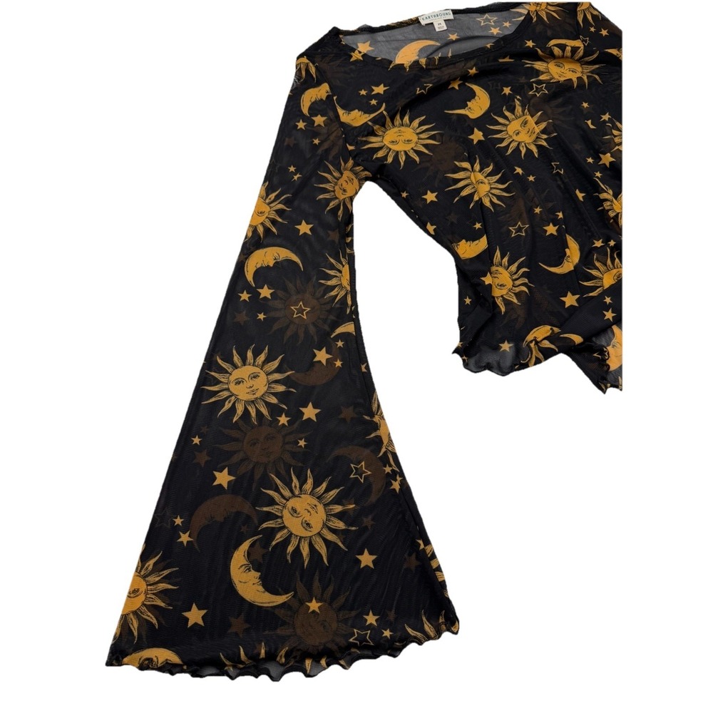 Earthbound Trading Co Mesh Celestial Sun Moon Top Bell Sleeves Black Gold Sz M - Picture 5 of 10